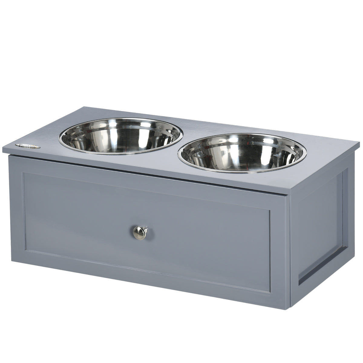 Futterstation, 2 Fressnäpfe je 2 Liter, Edelstahl, mit Schublade, für mittlere Hunde, grau, 60 x 30 x 24cm