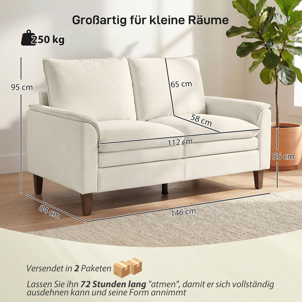 146 cm Zweisitzer Sofa, Chenille-Sofa mit doppellagiger Polsterung, Federkissen, tiefem Sitz, hoher Rückenlehne, Creme