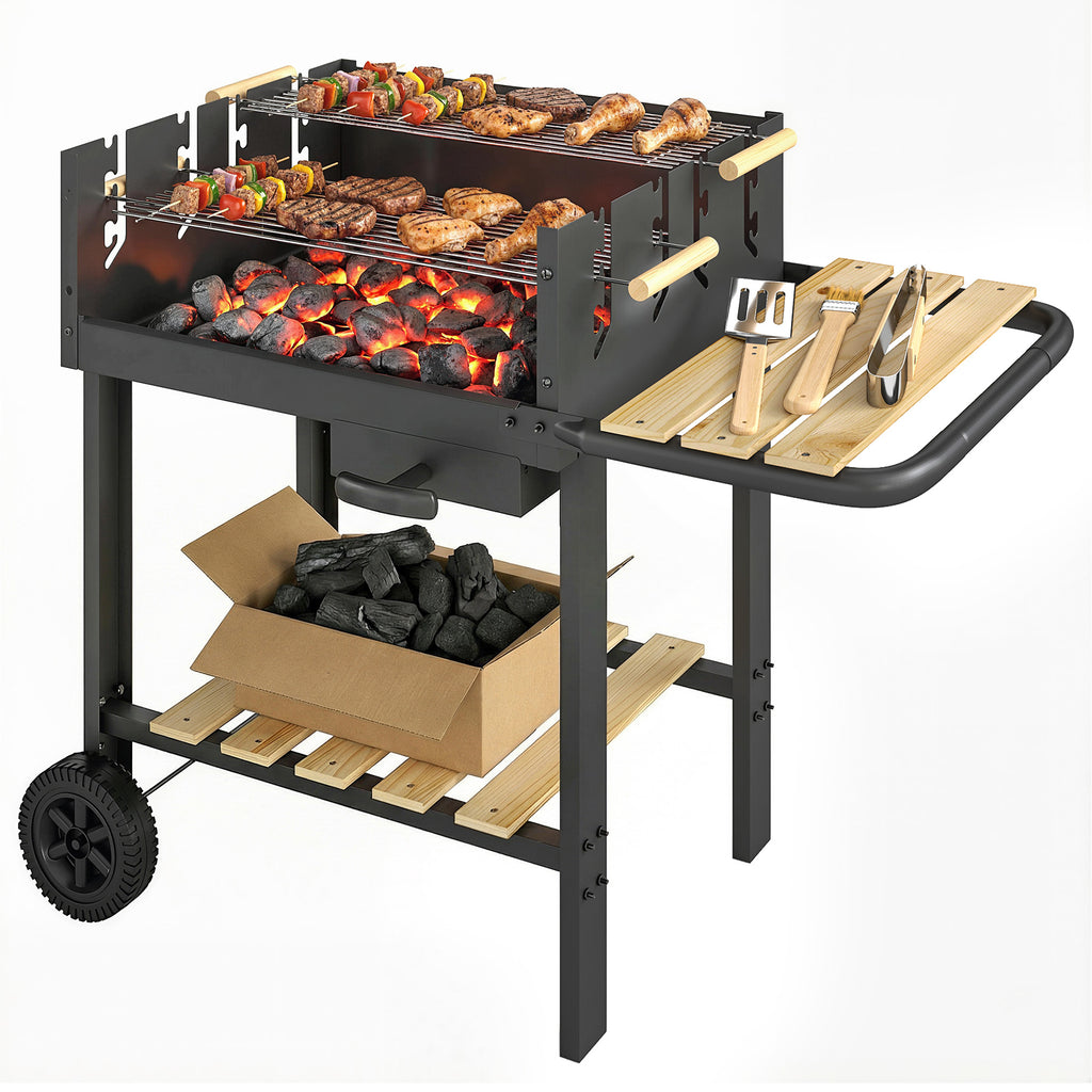 Holzkohlegrill Grillwagen mit 4-fach höhenverstellbarer Grillrost 2 Holzablage 2 Räder Aschebehälter 99,5 x 58 x 82 cm