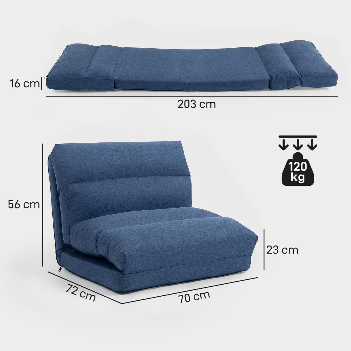 Sitzsack mit Bettfunktion, neigbare Lehne, klappbar, bis 120kg, 70 x 72 x 56 cm, Dunkelblau