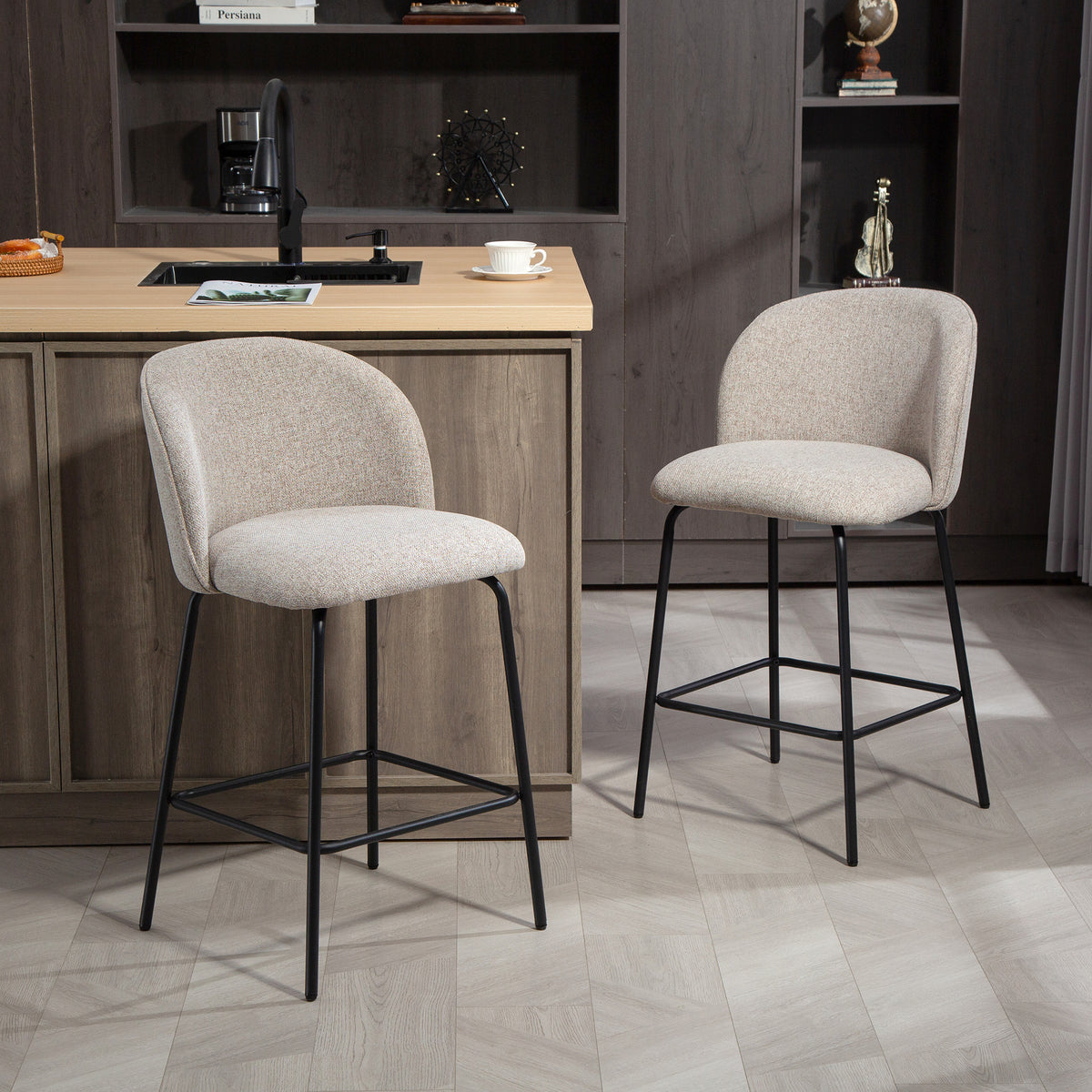 2er-Set Barhocker mit Rückenlehne und Fußstütze, Polsterstühle mit Stahlbeinen für Kücheninsel, Esszimmer, Hellgrau