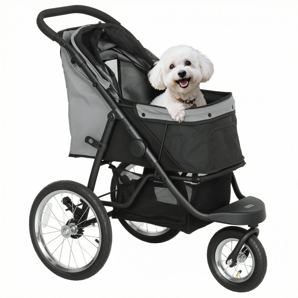 Hundebuggy, Haustierwagen für kleine Hunde und Katzen, mit Aufbewahrungskorb, Ein-Klick-Faltdesign, Grau