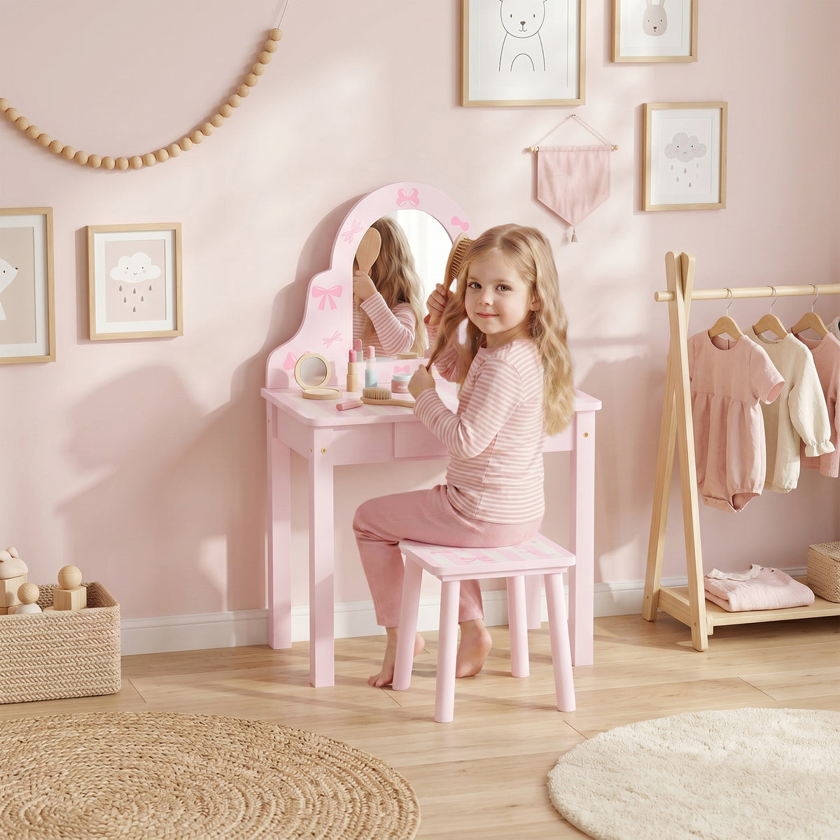 Kinder Schminktisch Set 2 in 1 mit Hocker für Mädchen 3-6 Rosa