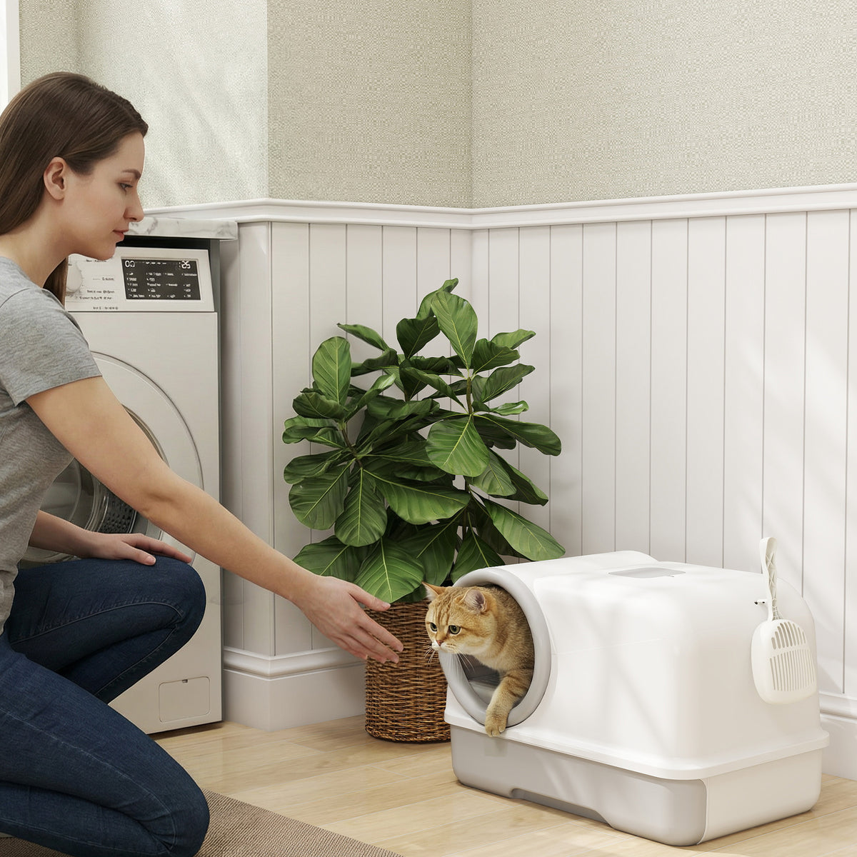 Katzentoilette mit Deckel Schaufel ausziehbares Tablett 2 Aktivkohlefilter für Katzen bis 5 kg 59x39,5x39,5cm Weiß+Grau