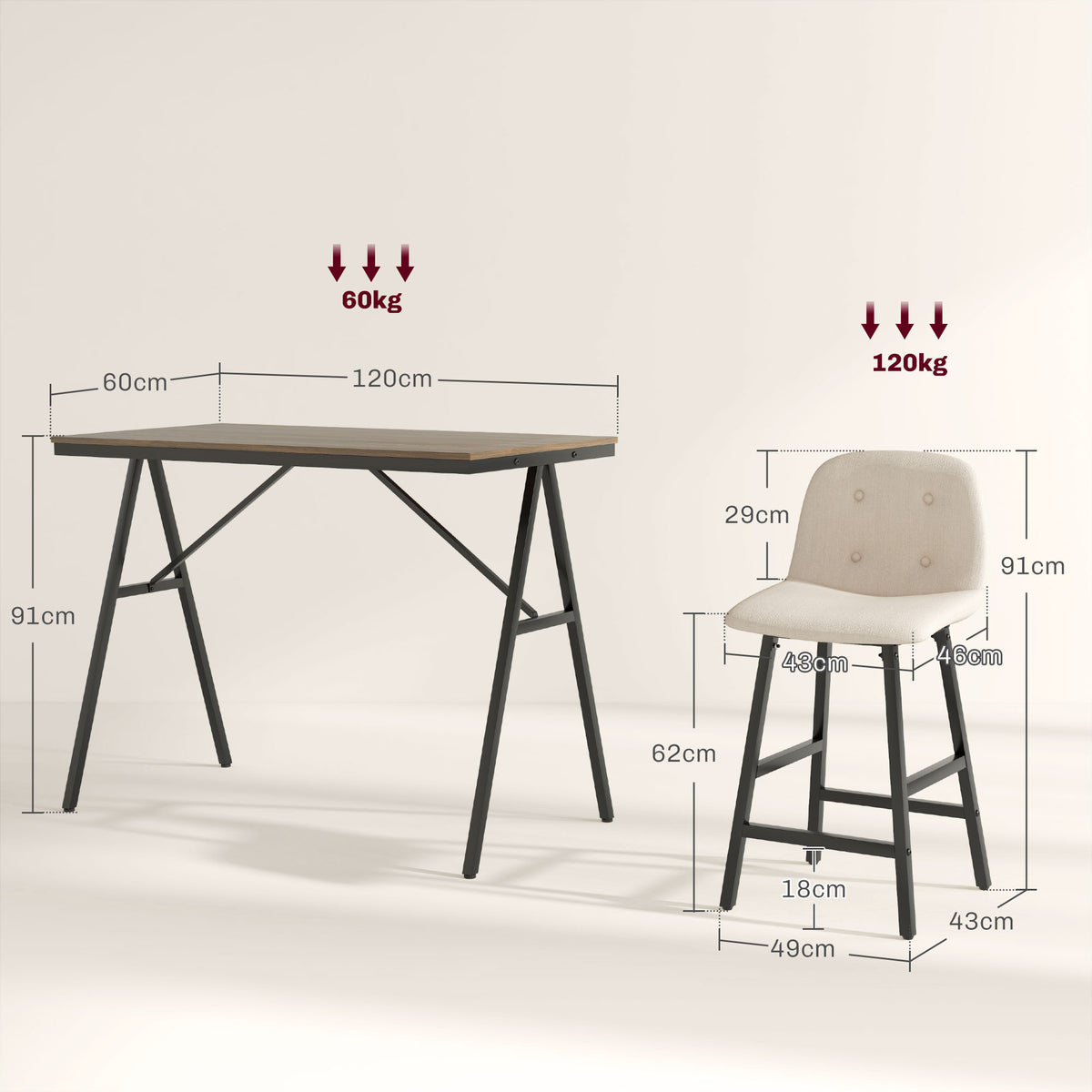 Bargarnitur 5-teilig, Tisch und 4 Stühle, Knopfheftung, dicke Polsterung, Leinenoptik, Beige