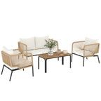 Gartenmöbel Set Sitzgruppe für 4 Personen Gartenlounge mit 2er Sofa 2 Sessel Lamell-Tisch Seilflecht waschbar Sitzkissen