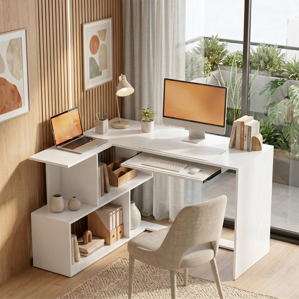 Eckschreibtisch, Computertisch mit Tastaturauszug und offenen Ablagen, weißer Holz-Look