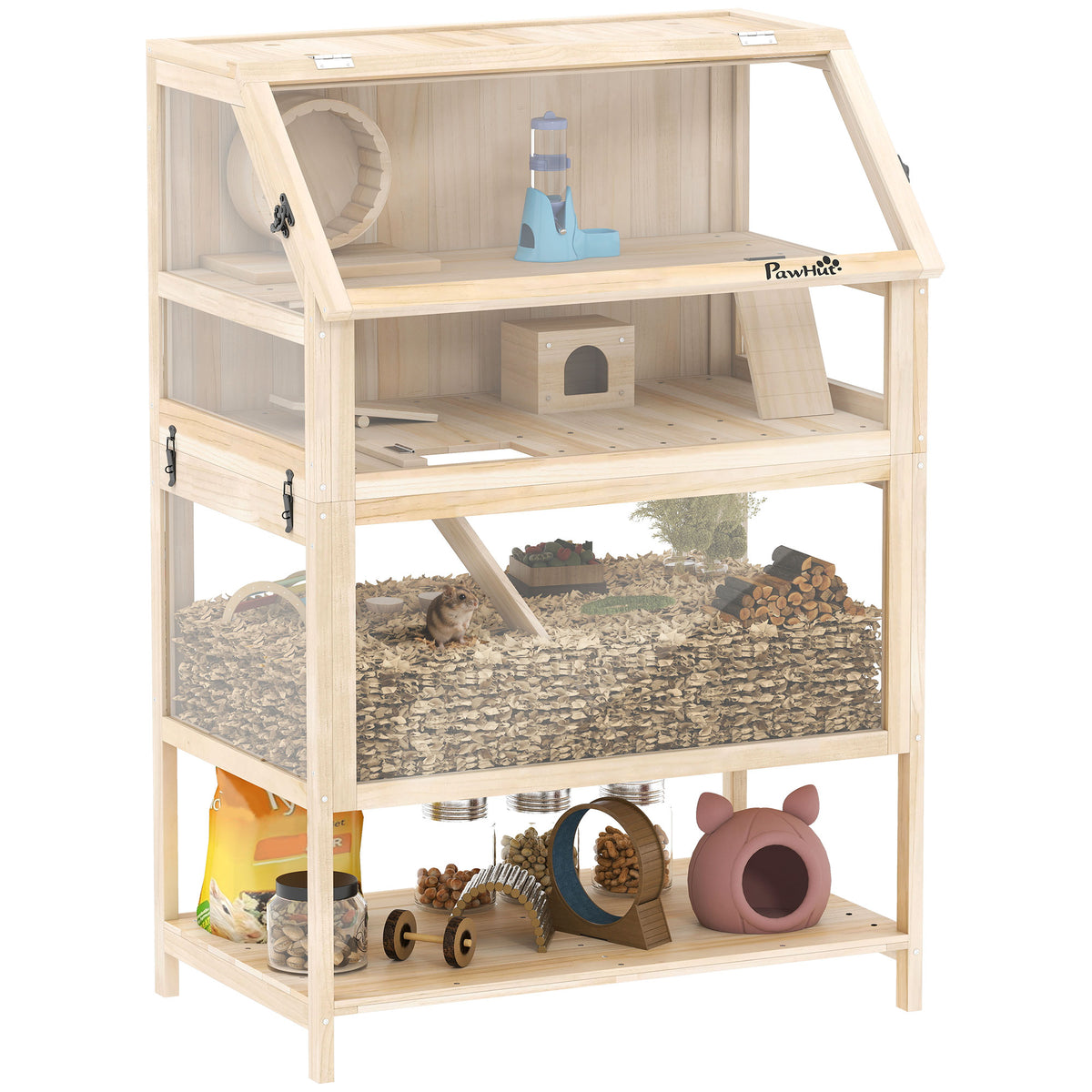 Hamsterkäfig aus Holz 3 Etagen Nagerkäfig mit abnehmbar Boden Ablage Laufrad Wippe Rampe Hütte 80x53x117cm Naturholz
