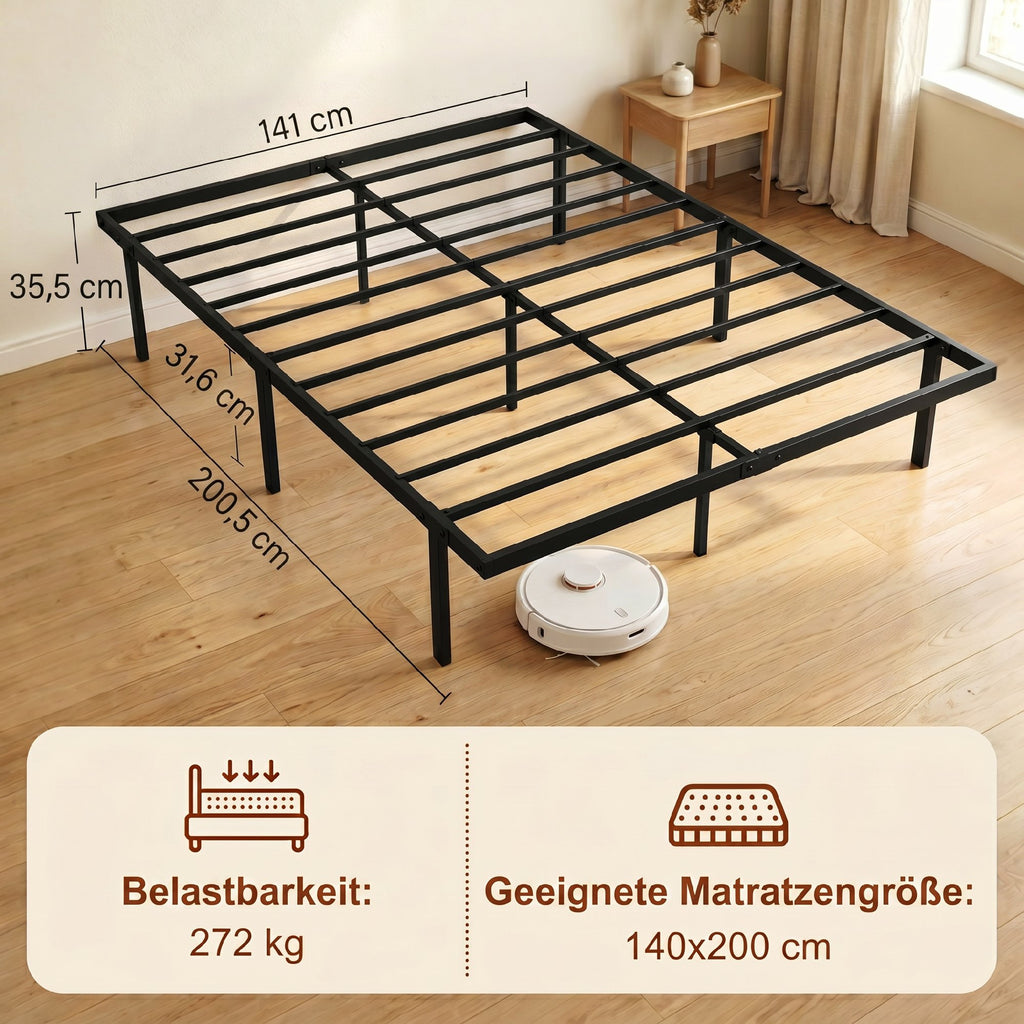 Bettgestell, 140 x 200 cm Metallbett mit Stauraum unter dem Bett, Metallgestell mit Lattenrost, kein Boxspring nötig