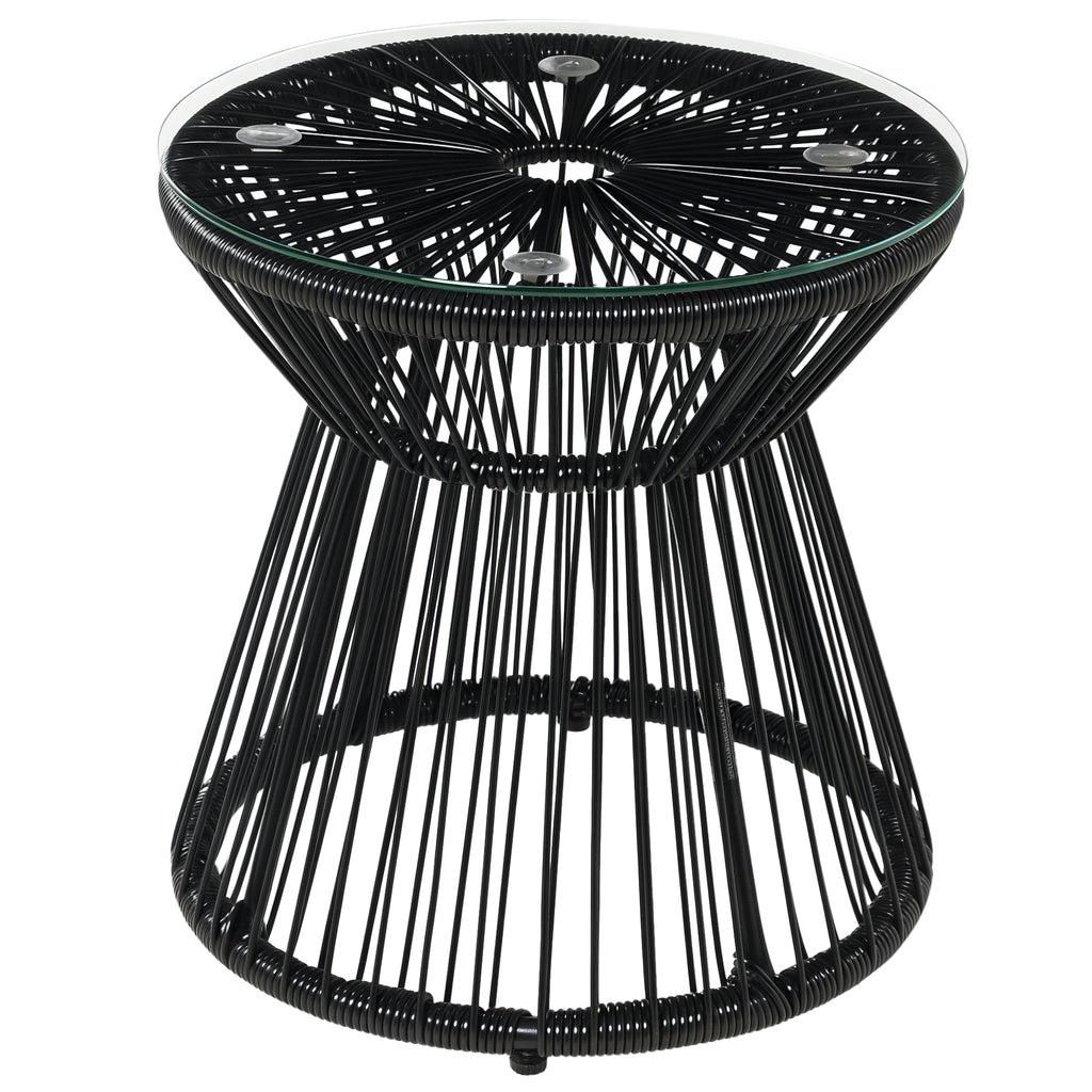 Round End Table, Rattan Side Table, Hollow Drum Design Coffee Table w/ Glass Tabletop for Patio, Garden, Balcony Black