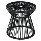 Round End Table, Rattan Side Table, Hollow Drum Design Coffee Table w/ Glass Tabletop for Patio, Garden, Balcony Black
