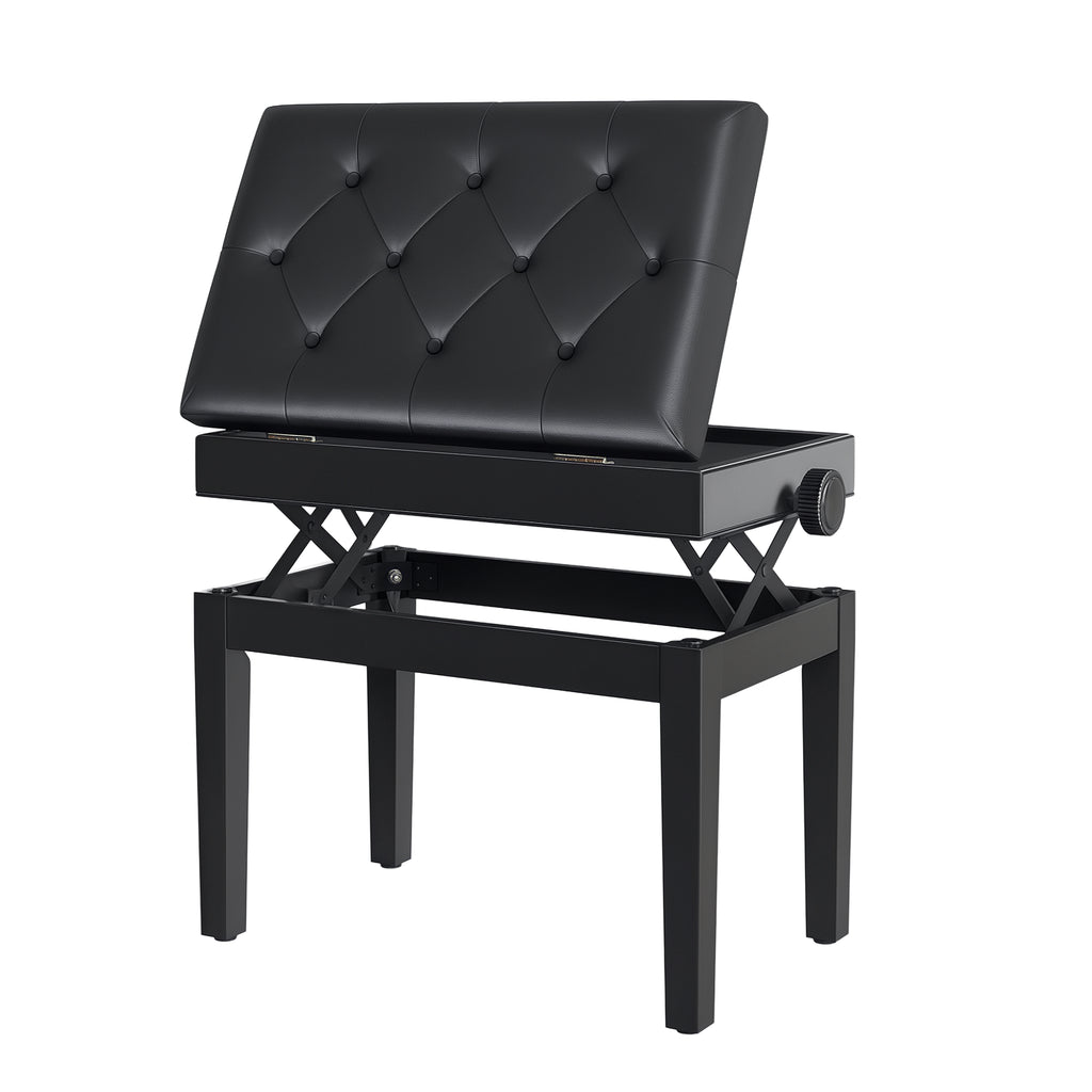 Klavierbank Höhenverstellbar Sitzbank mit Stauraum, Holzbeine, Klavierhocker aus Kunstleder, für Musikzimmer, belastbar bis 200 kg, 54,5 x 33 x 48-58 cm, Schwarz