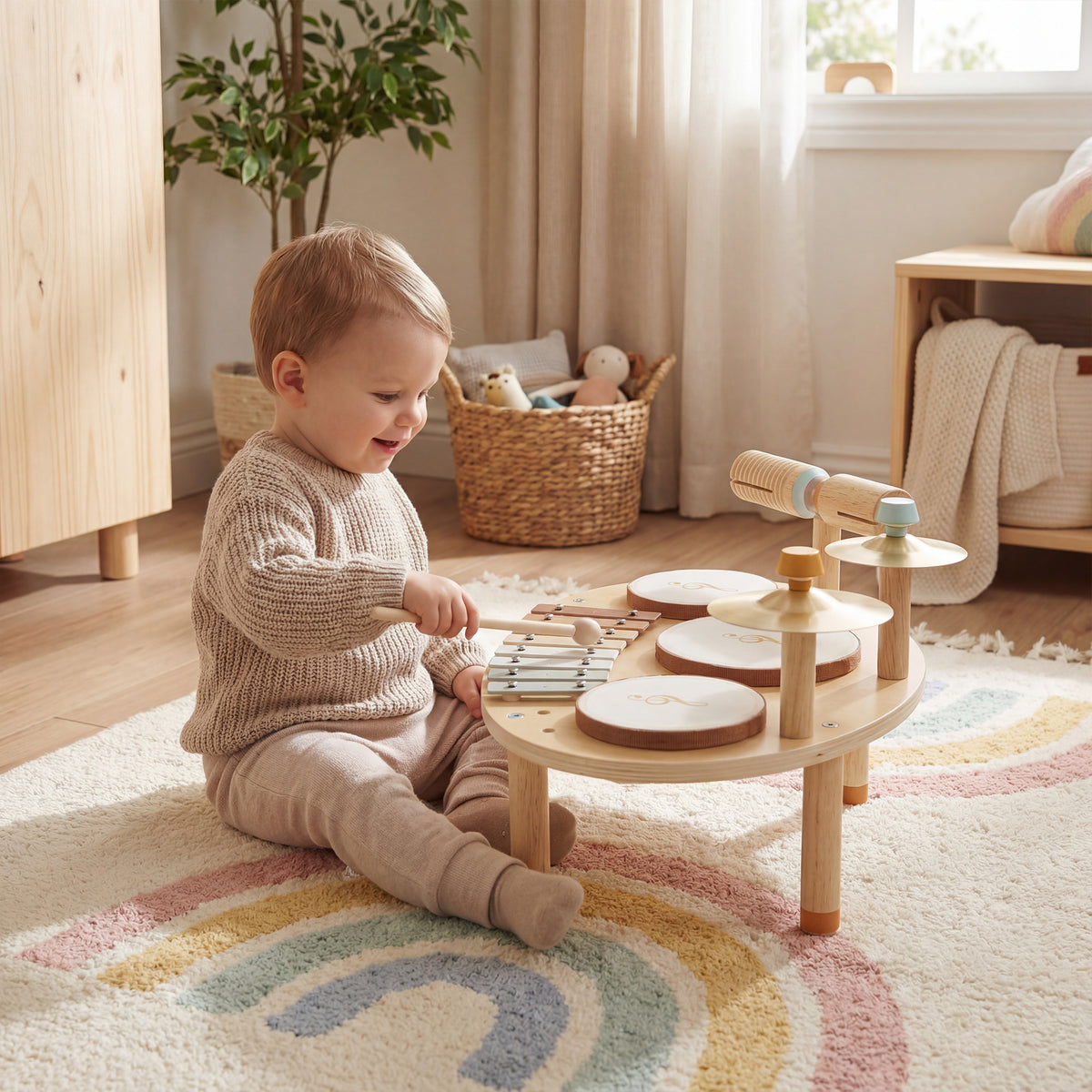 Baby Drum Kit, Wooden Kids Musical Instruments with Drums and Xylophone, Gifts for Girls Boys Birthday, Natural