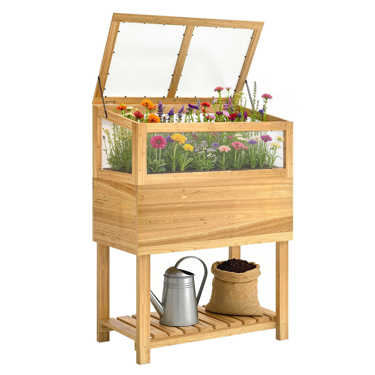Hochbeet mit Frühbeetaufsatz aus Holz erhöhter Pflanzkasten mit aufklappbar Abdeckung Regal Vliesstoff Ergonomisch
