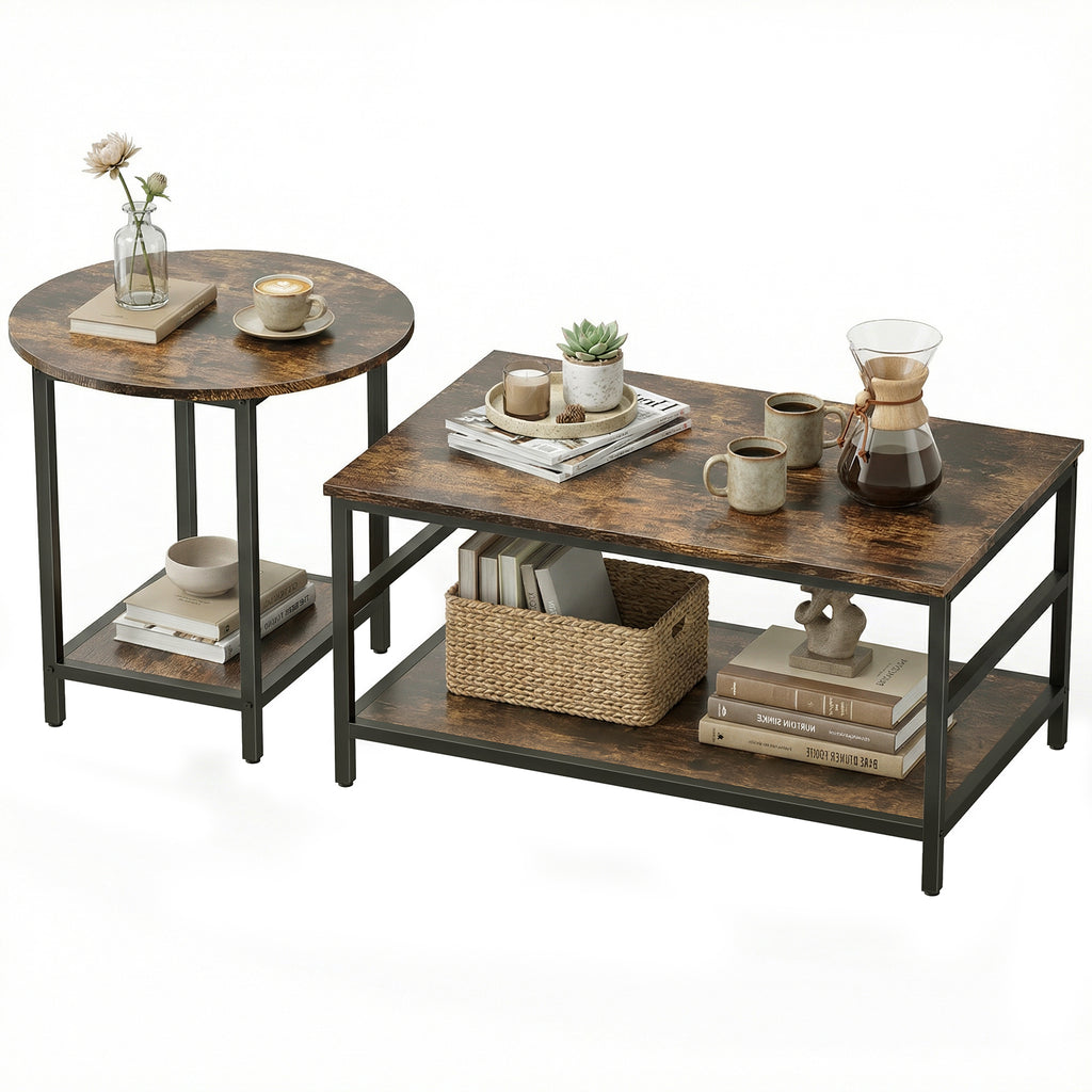 Couchtisch-Set, 2-teilig, rechteckiger und runder Tisch mit 2-stufigem Stauraum, für Wohnzimmer, Rustikal-Braun