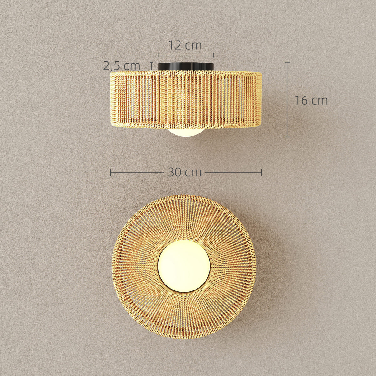 Deckenleuchte, Boho-Deckenlampe Hängend mit G9 LED Fassung, Lampenschirm aus Hanfseil Rund