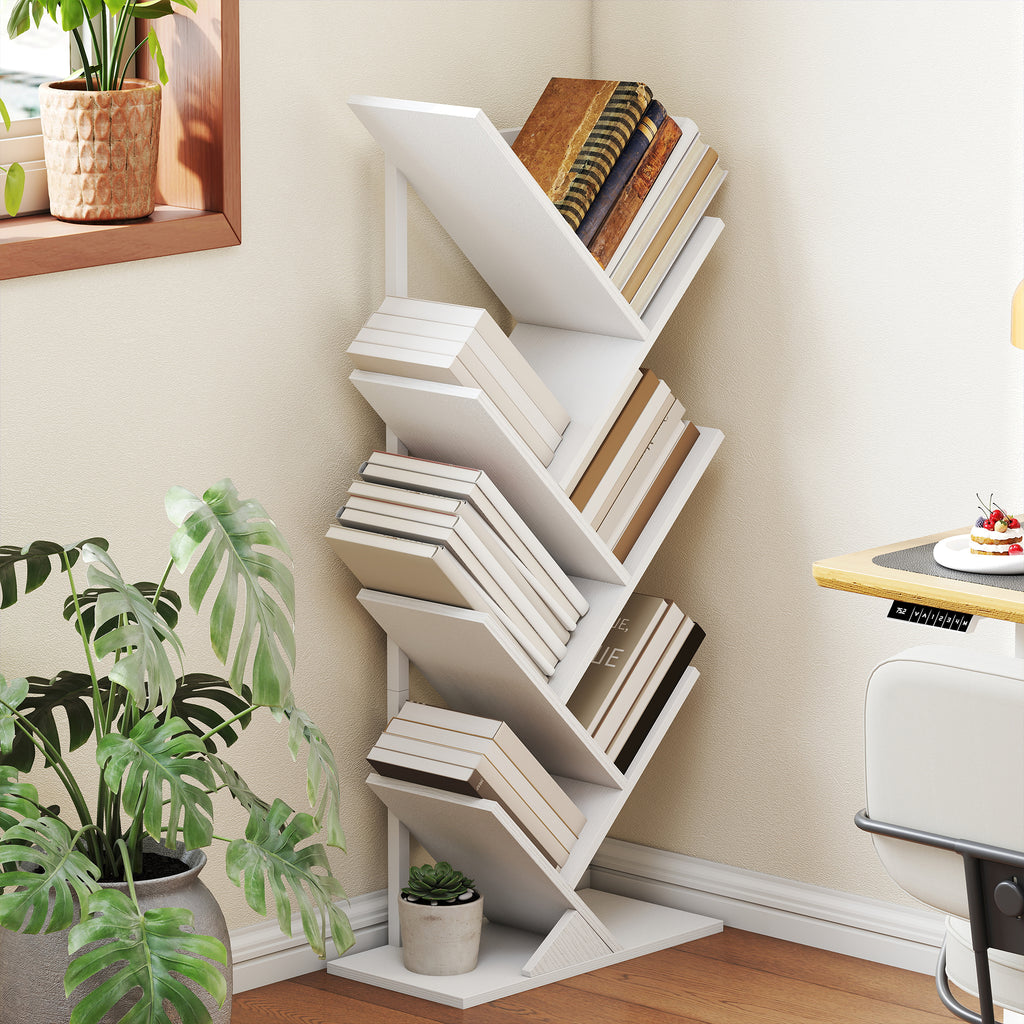 Bücherregal Standregal mit 7 Ebenen Schmal Regal im Baumform für Büro, Rustikal Weiß