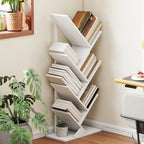 Bücherregal Standregal mit 7 Ebenen Schmal Regal im Baumform für Büro, Rustikal Weiß