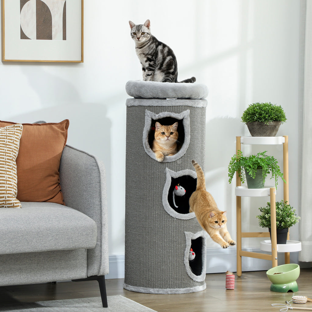 Katzenkratzfass, 96 cm, 4-Ebenen-Katzenturm mit waschbarem Bett, 3 Schlafhöhlen, Hängespielzeug, für mehrere Katzen Grau