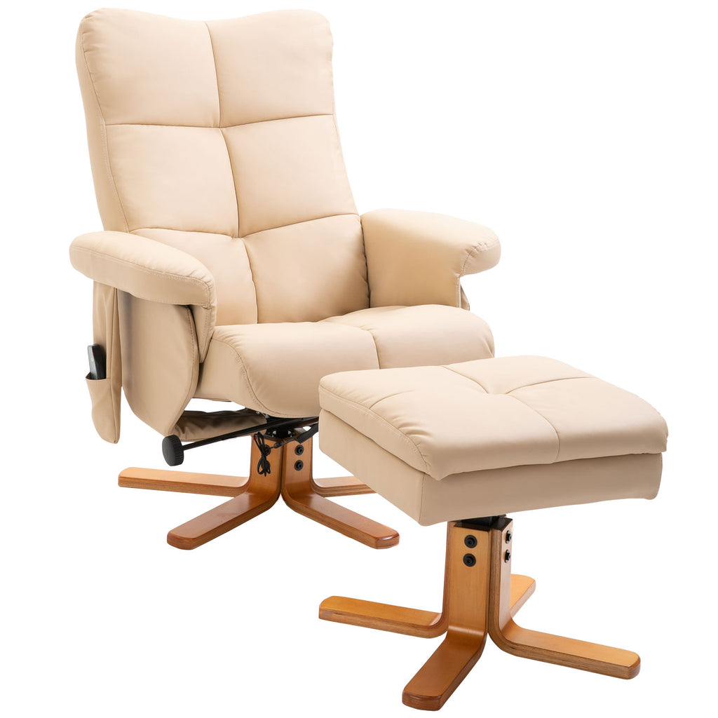 Relaxsessel mit Hocker, 360°drehbarer Fernsehsessel mit Massage, Liegefunktion, Massagesessel mit Seitentasche, TV-Sessel, Kunstleder für Wohnzimmer Cremeweiß
