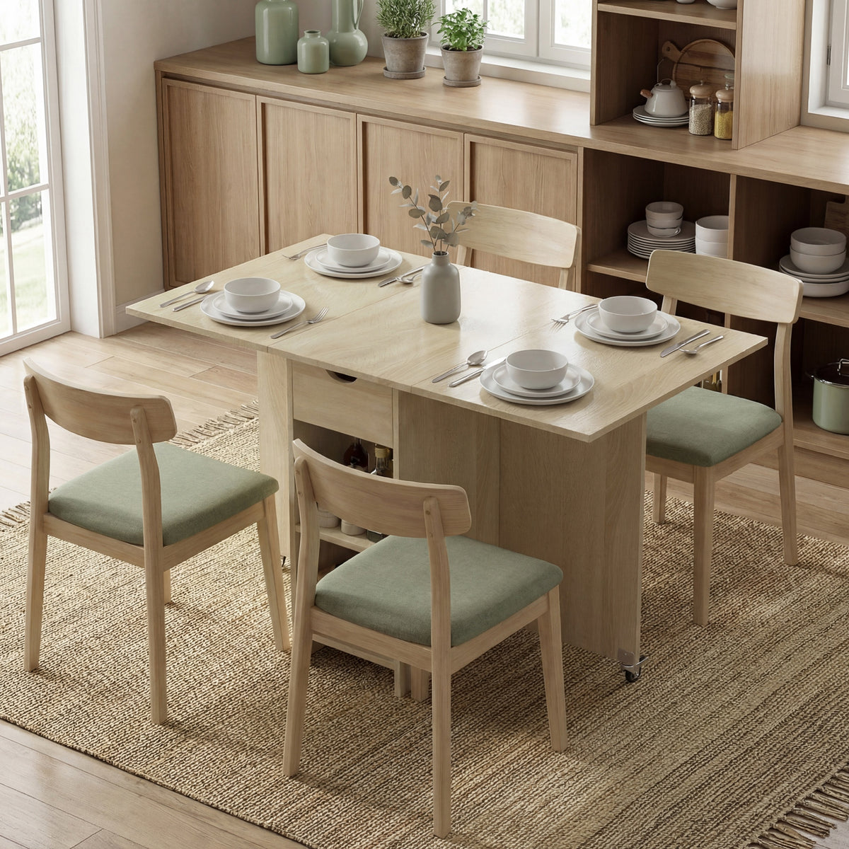 Klappbarer Esstisch für 2-4 Personen, Rollbarer Tisch mit offenem Fach und Schublade, ideal für kleine Räume, Natur