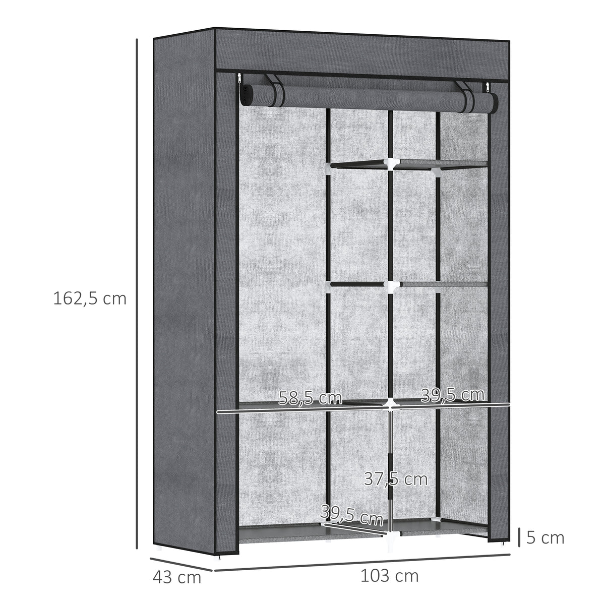 Fabric Wardrobe w/ Shelves Hanging Rail Foldable Wardrobe Dark Grey