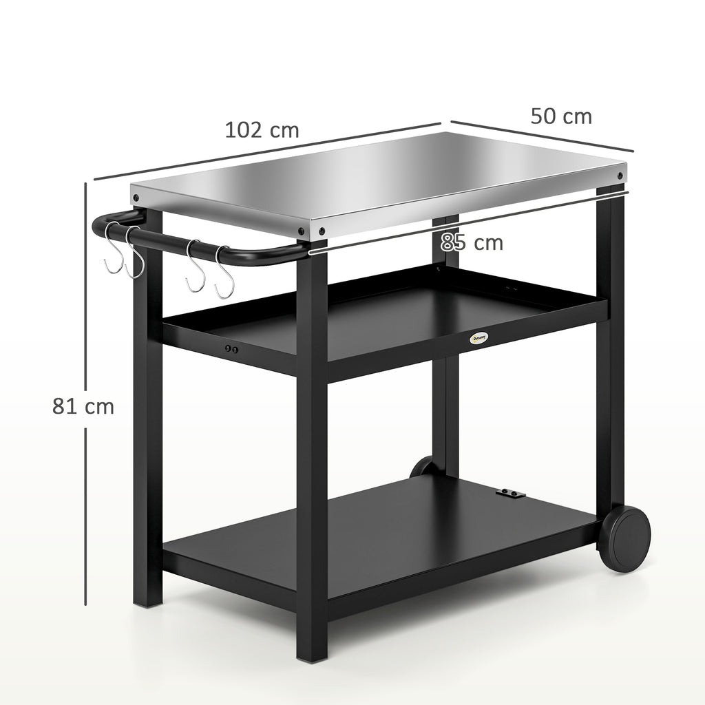 Outdoor Grill Dining Cart 3-Shelf Movable Pizza Oven Table Stand with Stainless Steel Top, Portable BBQ Trolley Food Prep Outdoor Kitchen Barbecue Station with Hooks Wheels, Charcoal Grey