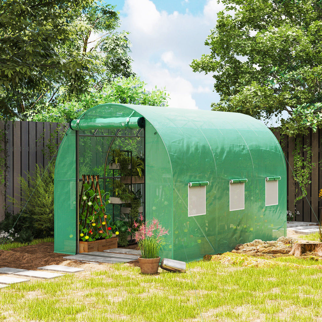 Polytunnel Gewächshaus mit Kunststoff-Abdeckung und Stahlrahmen, begehbares Gewächshauszelt mit Rolltüren, Grün