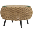 Beistelltisch aus Polyrattan runder Kaffeetisch Couchtisch mit Glas Tischplatte ?75 x 42 cm Braun