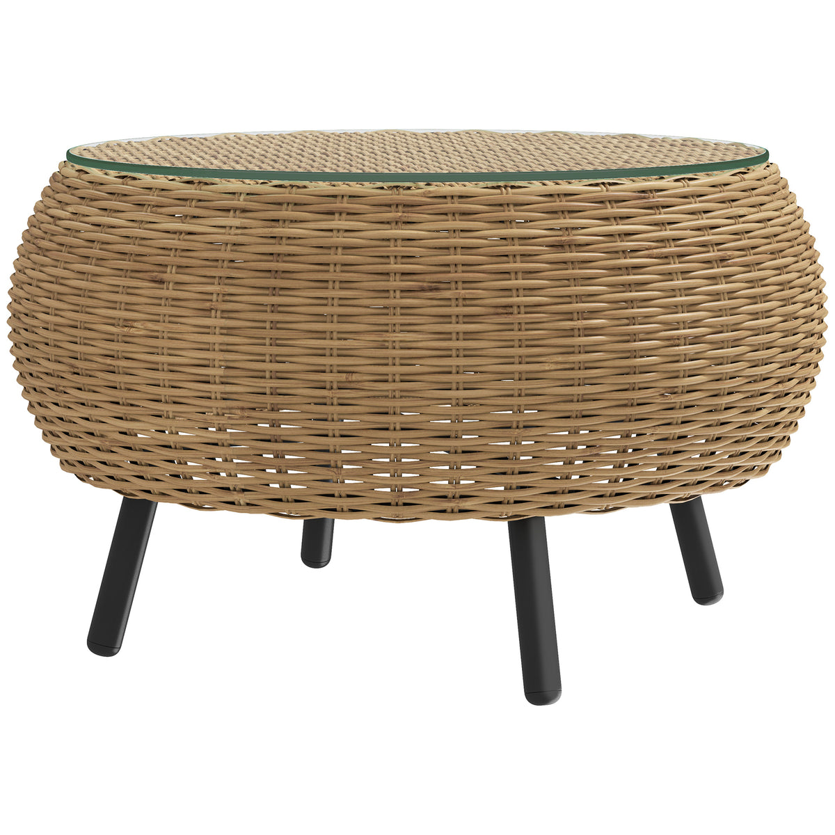 Beistelltisch aus Polyrattan runder Kaffeetisch Couchtisch mit Glas Tischplatte ?75 x 42 cm Braun