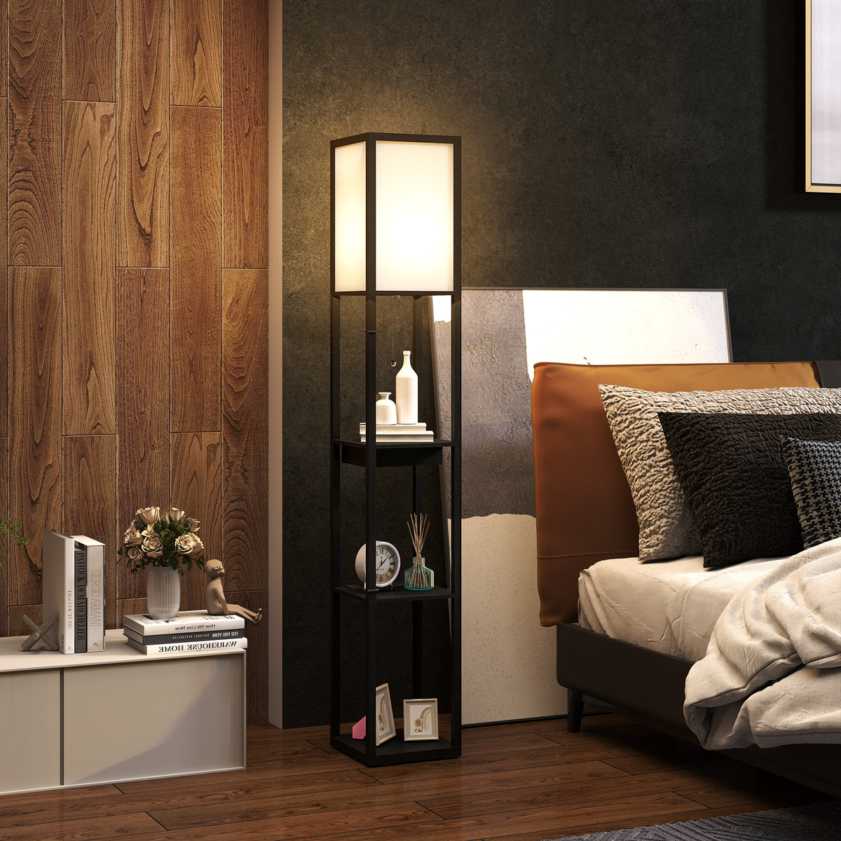 Stehlampe mit 3-stufigem Regal, Fußschalter, USB-Anschlüssen, MDF, Schwarz
