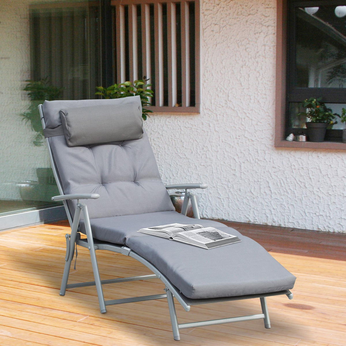 Patio Sun Lounger Garden Textilene Foldable Reclining Chair Adjustable Recliner with Cushion Pillow - Grey