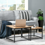 Satztisch-Set aus 2 Beistelltischen, Industrial Design, schwarzer Stahlrahmen, Tischplatte in Holzoptik