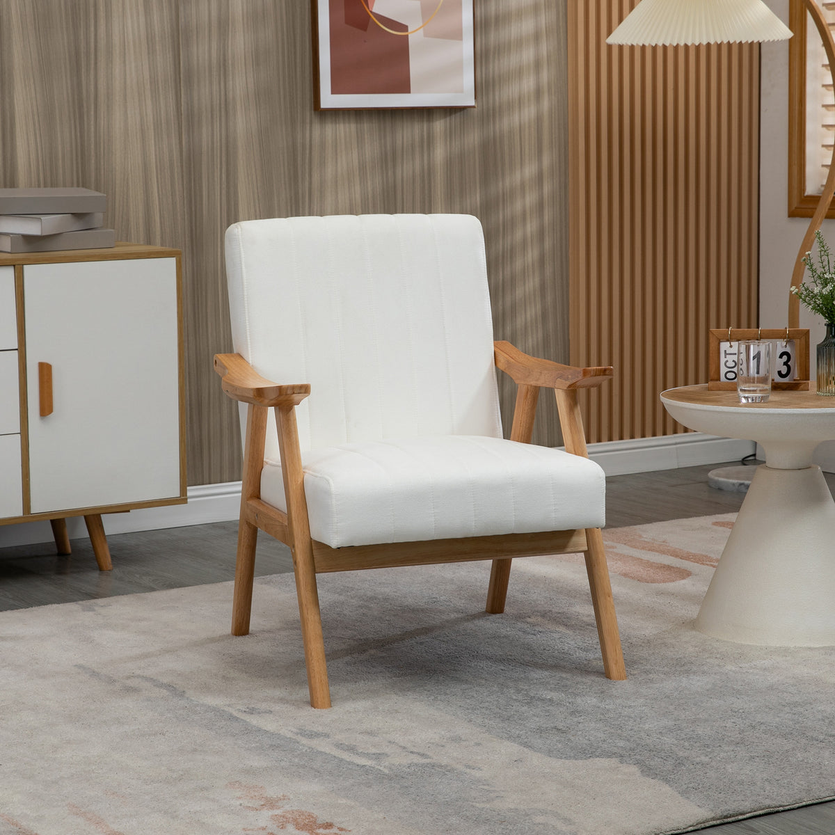 Polstersessel im Skandi-Design, Samtoptik, Massivholzrahmen, 68 x 74 x 82cm, Natur+Creme