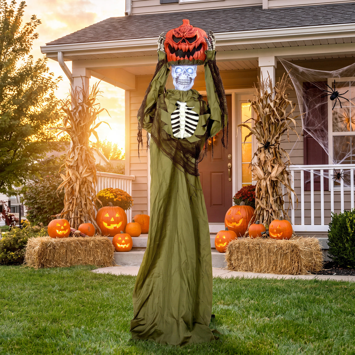 Animiertes Pop-up-Kürbis-Skelett, 173 cm, gruselige Halloween-Deko mit Licht sowie Sound- und Berührungsaktivierung