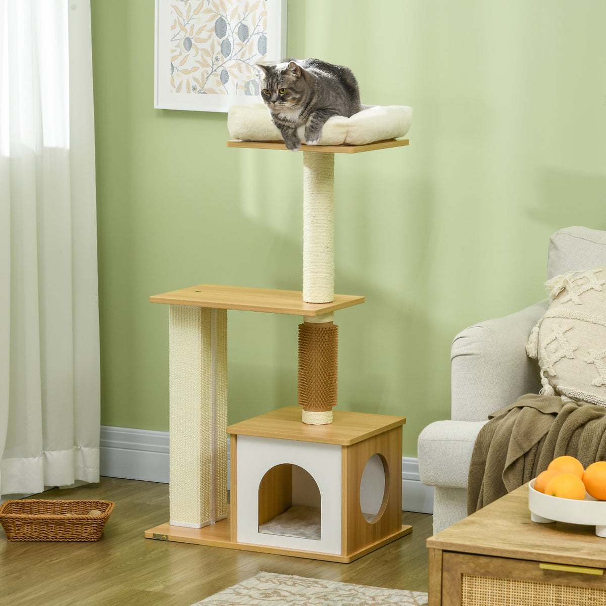 Kratzbaum Katzenbaum Katzenhöhle, 1 Katzenbett, 1 Liegefläche, 59,5 cm x 39,5 cm x 114 cm, Braun + Weiß