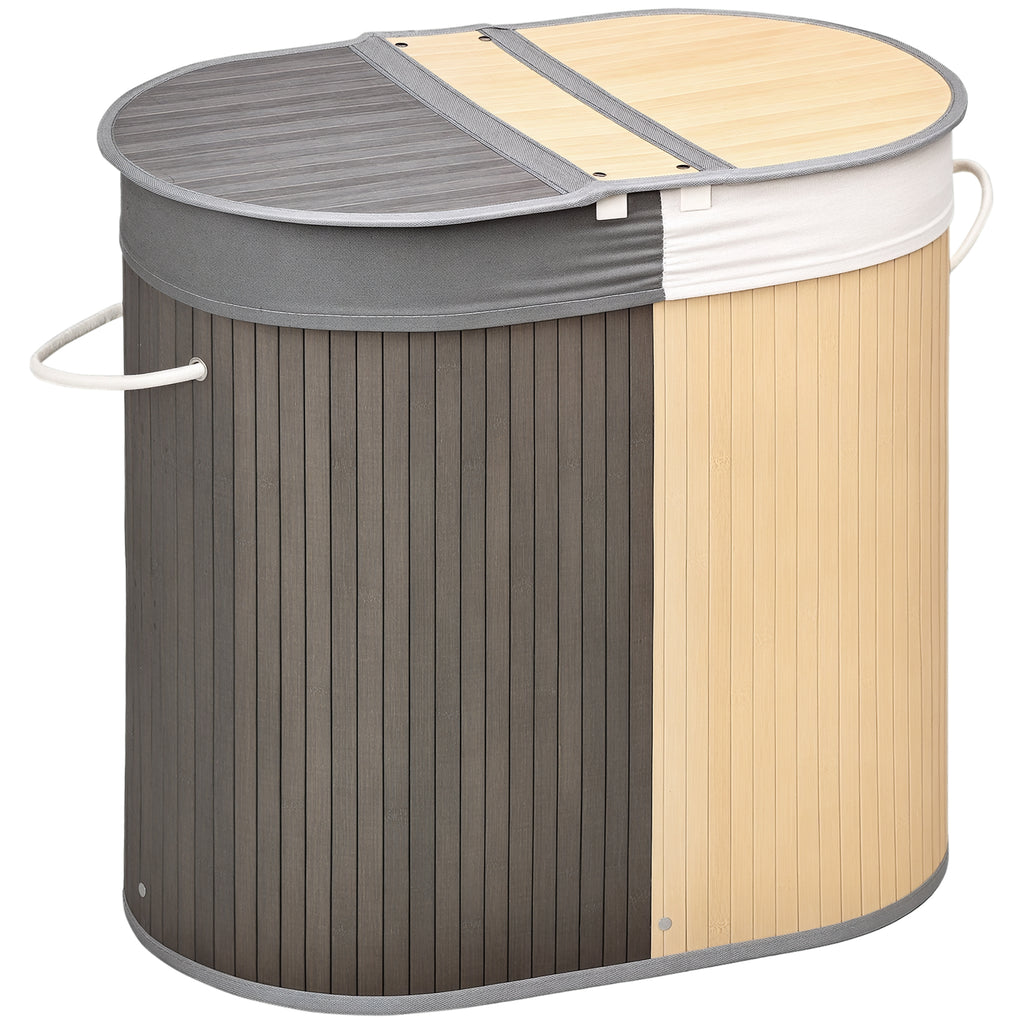 Bambus Wäschekorb mit Deckel 100L Wäschesammler mit Griffen, 2 herausnehmbarer Wäschesack, Wäschesortierer Wäschebox für Waschküche, Badezimmer, Schlafzimmer, Grau+Natur