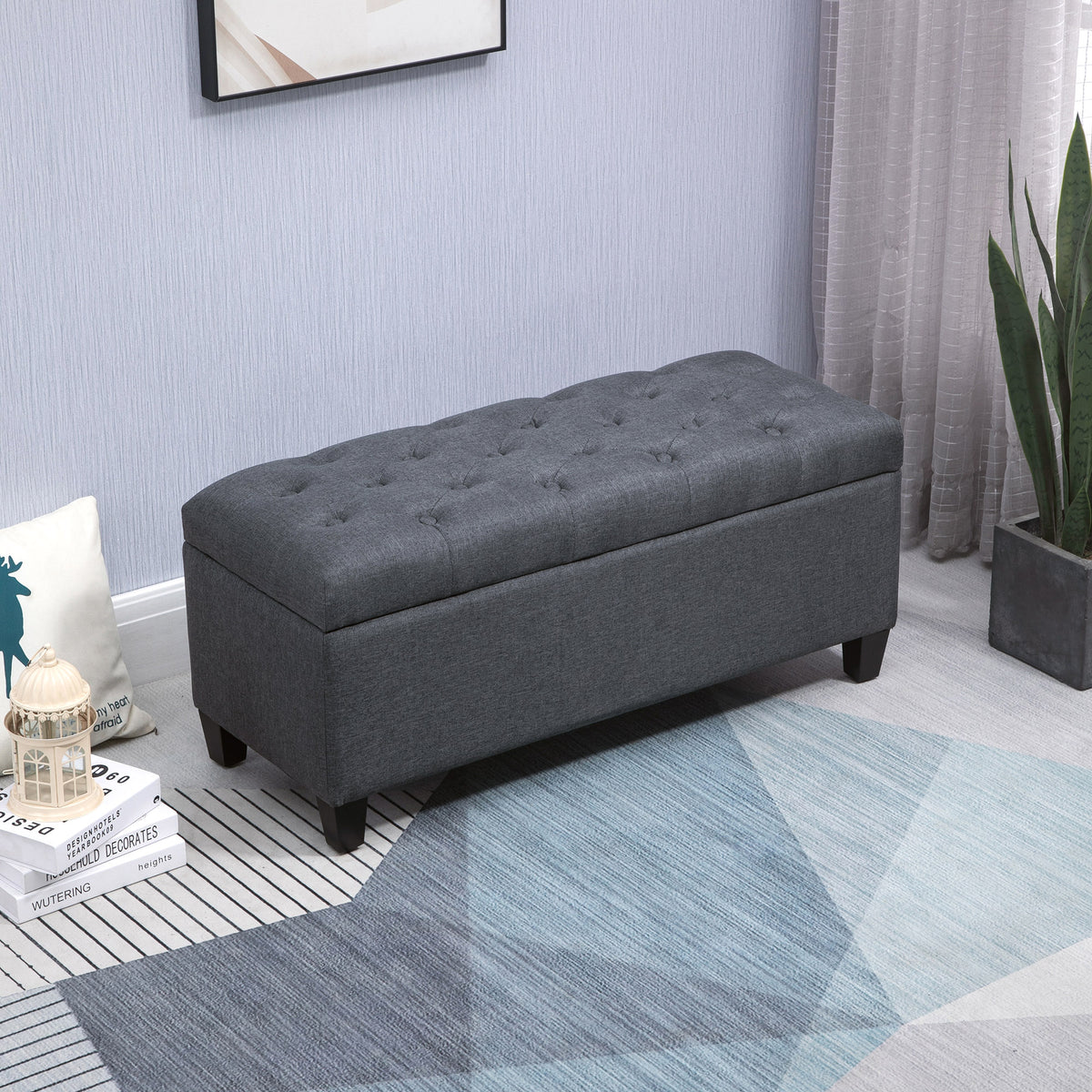 Sitzbank mit Stauraum Polsterbank mit Leinenoptik, Sitztruhe mit Holzbeine, Truhenbank für Wohnzimmer Schlafzimmer Flur 100 x 40 x 44 cm Dunkelgrau