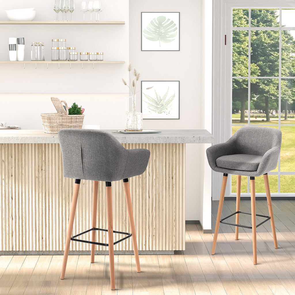 Set of 2 Bar Stools Modern Upholstered Seat Bar Chairs w/ Metal Frame, Solid Wood Legs Living Room Dining Room Fabric Furniture - Grey