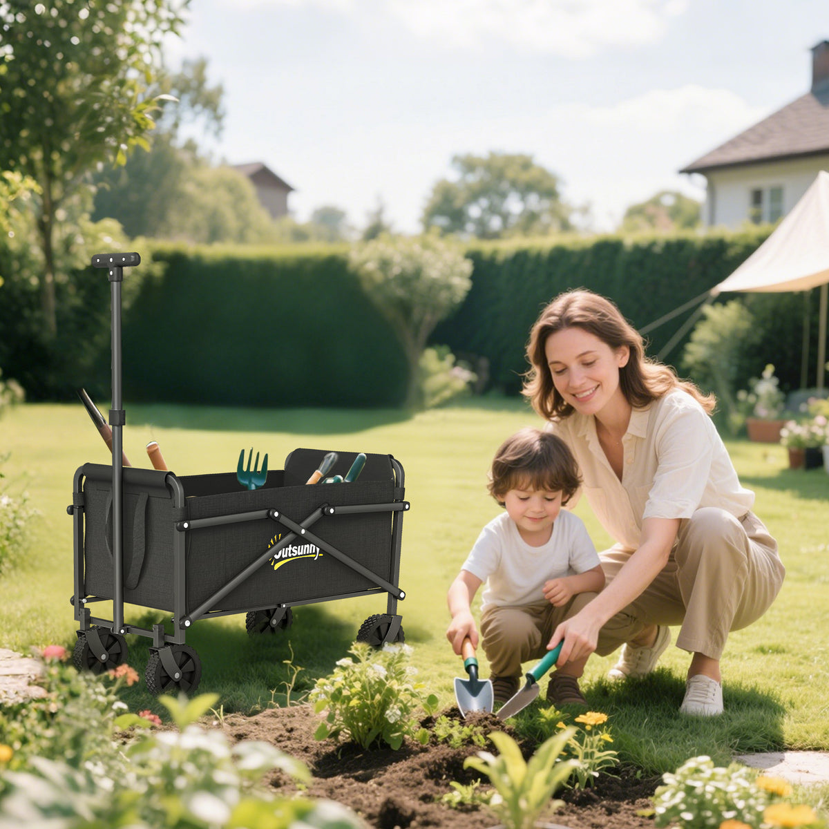 Bollerwagen Faltbar Handwagen 360° Gartenwagen mit verstellbarem Griff Strandwagen bis 60 kg für Sport Einkauf Schwarz