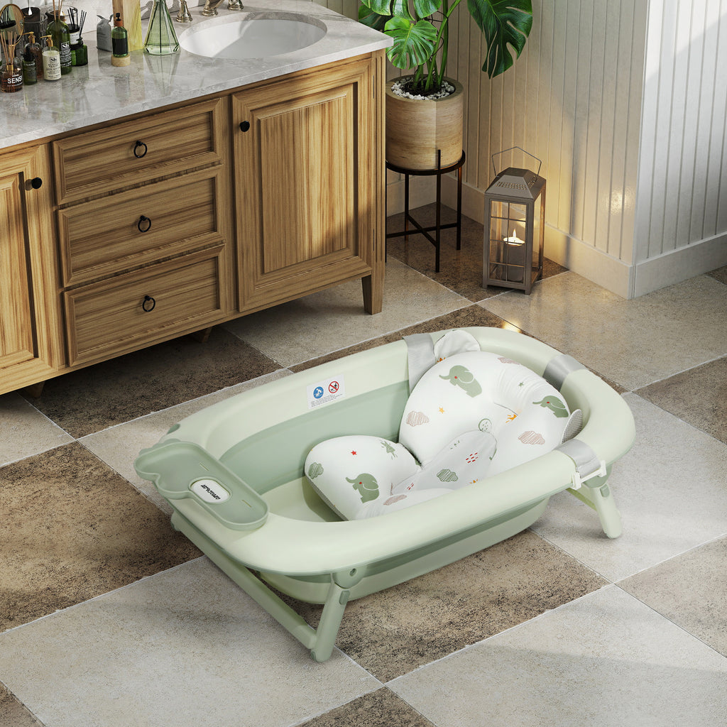 Babybadewanne, faltbar, rutschfester Boden, Elefanten-Badekissen, 86 x 53 x 25,5 cm, Grün
