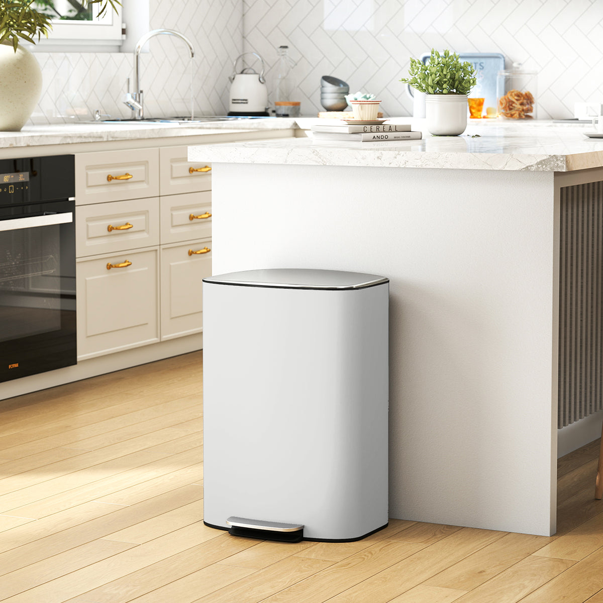 Mülleimer Küche 50 Liter Treteimer mit Bleib-Offen-Funktion, Soft-Close-Deckel, Pedal, Cremeweiß
