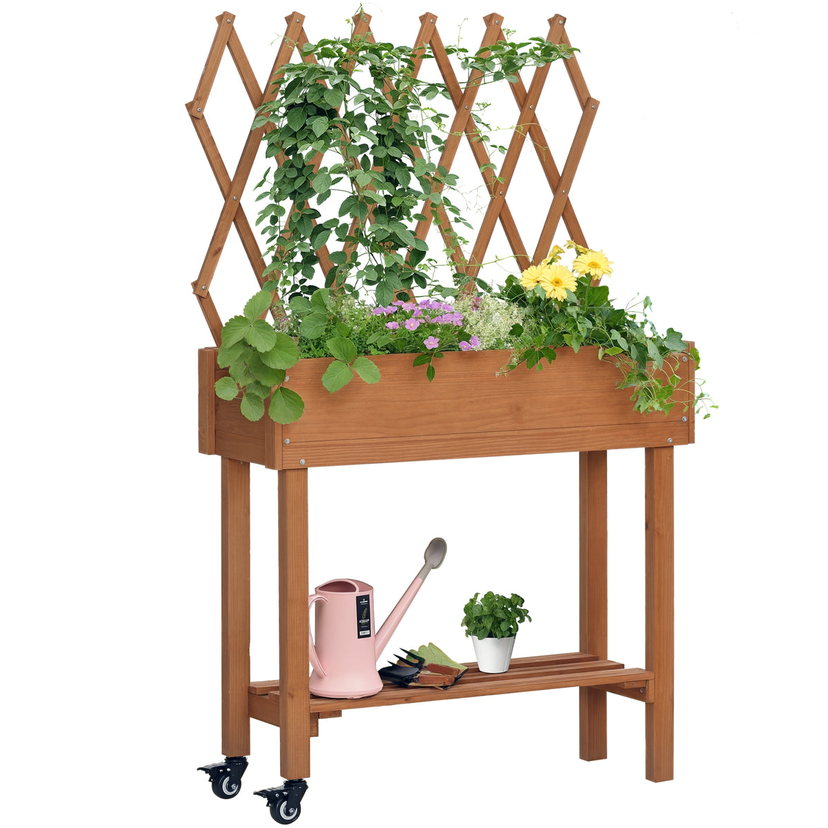 Hochbeet, integriertes Spalier, Ablageregal, R?der, Massivholz, braun, 79 x 29 x 130 cm
