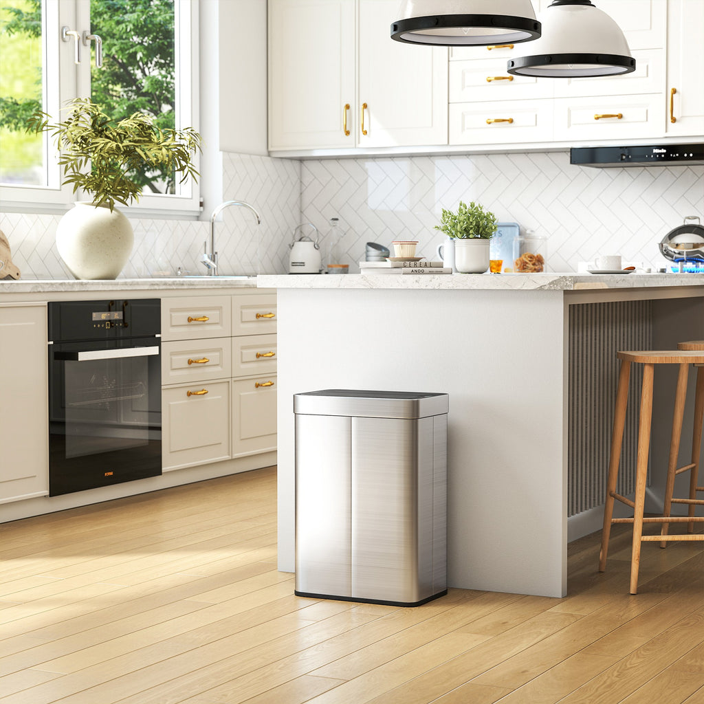 55L Sensor Bin, Large Automatic Touchless Rubbish Bin with Soft-Close Lid, Silver Tone