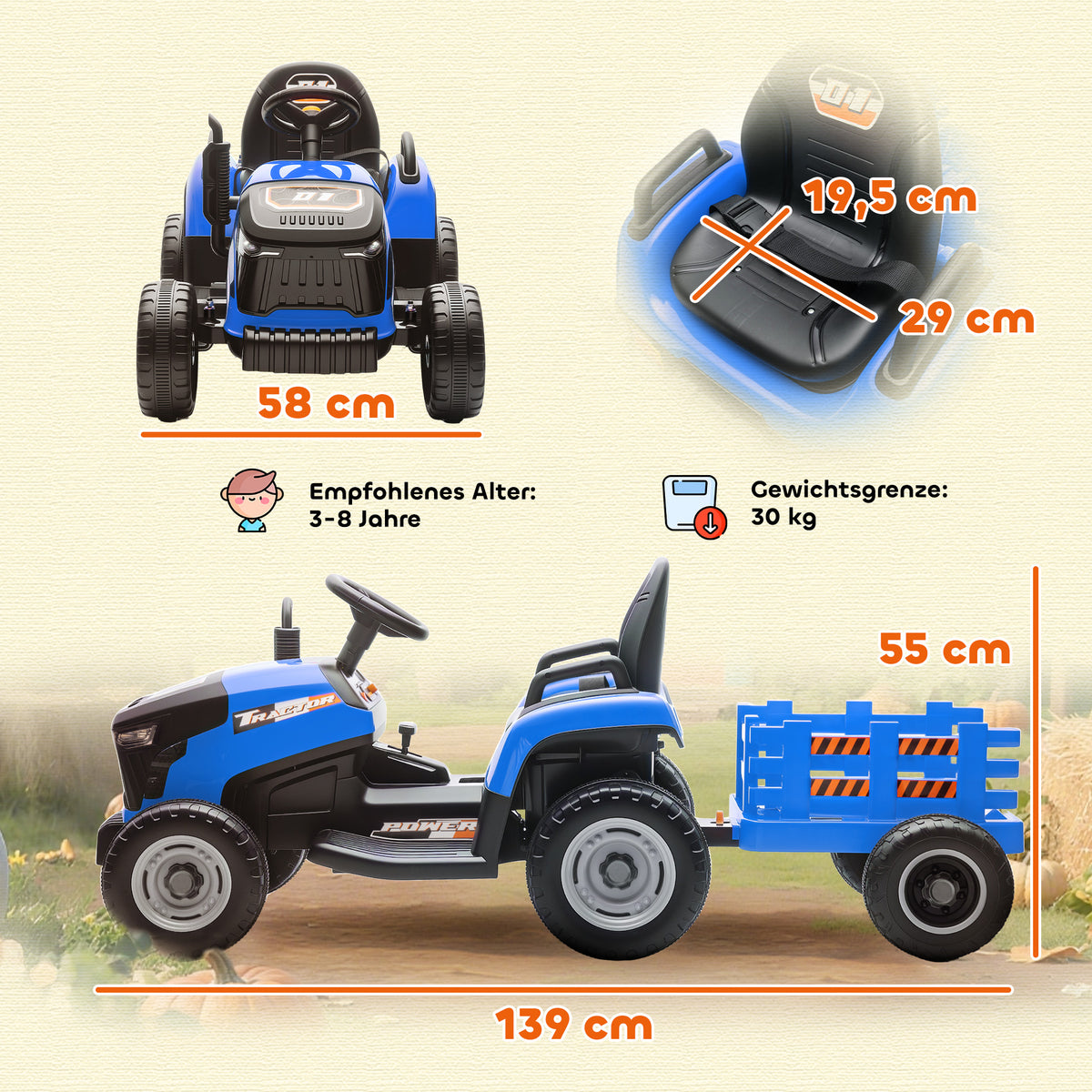 Elektrischer Kindertraktor, Aufsitz-Traktor mit Fernbedienung, Soft-Start, f¨¹r Kinder im Alter von 3-8 Jahren, Blau