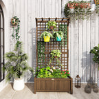 Raised Bed with Drainage Holes, Wood Planter with Trellis for Climbing Plants to Grow Vegetables, Flowers, Brown