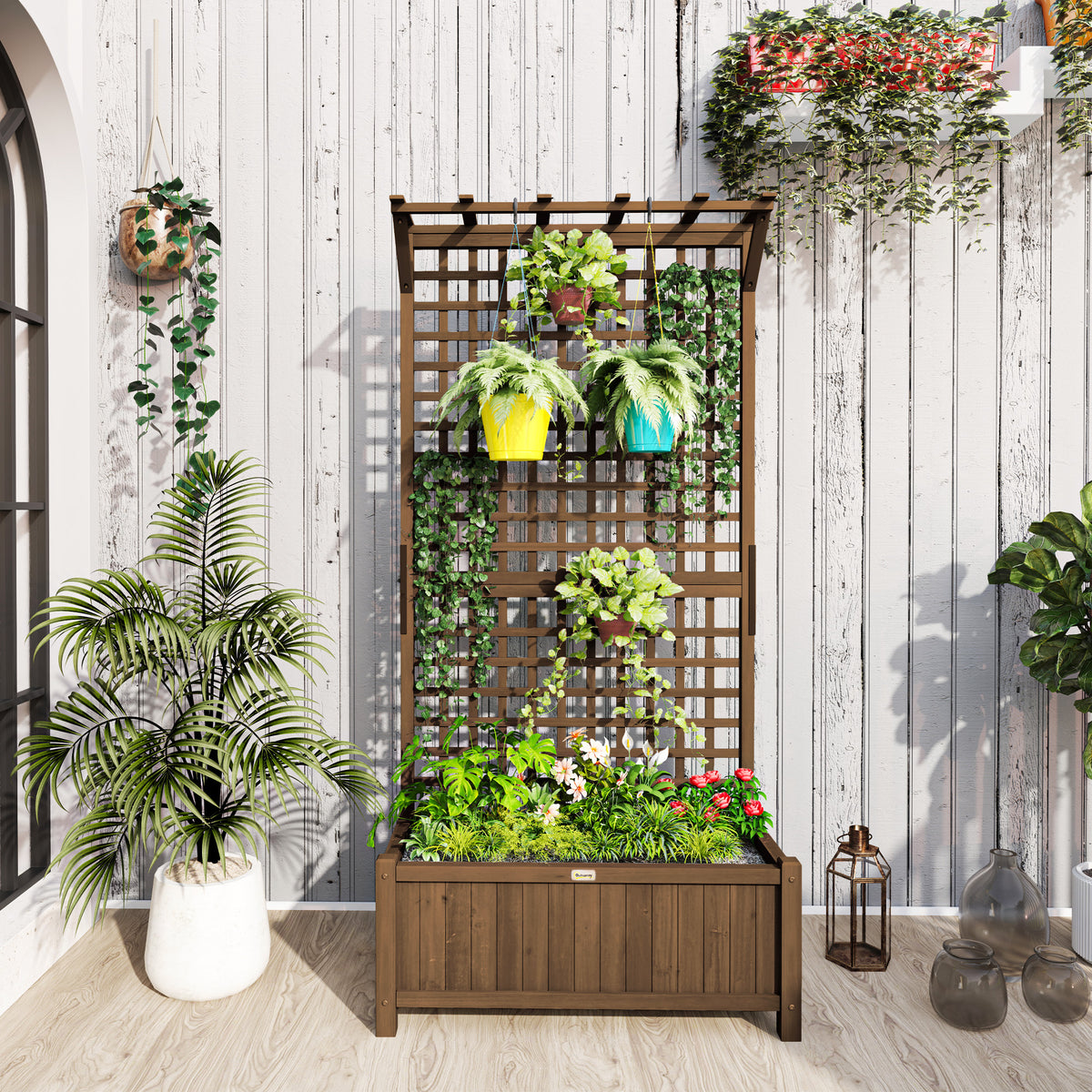 Raised Bed with Drainage Holes, Wood Planter with Trellis for Climbing Plants to Grow Vegetables, Flowers, Brown