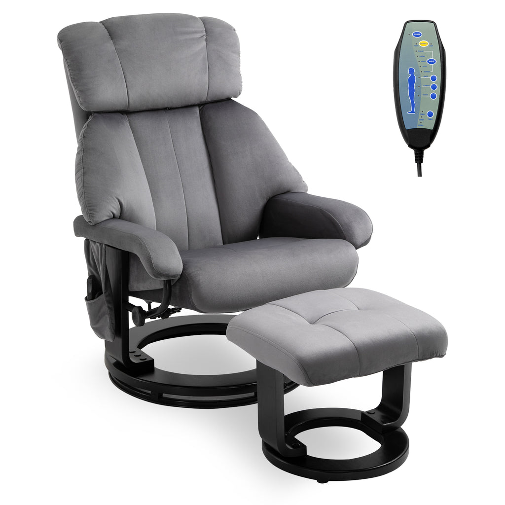 Relaxsessel mit Hocker, Drehbarer Fernsehsessel mit Schwingmassage, Liegefunktion, Massagesessel mit Seitentasche, Liegesessel mit Samtoptik für Wohnzimmer Grau
