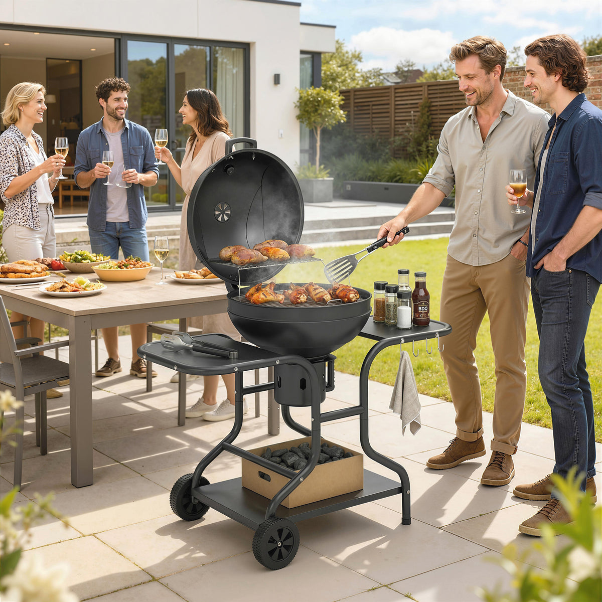 Holzkohlegrill BBQ Smoker mit Seitentischen Deckel Thermometer Räder 129 x 63,5 x 106,5 cm
