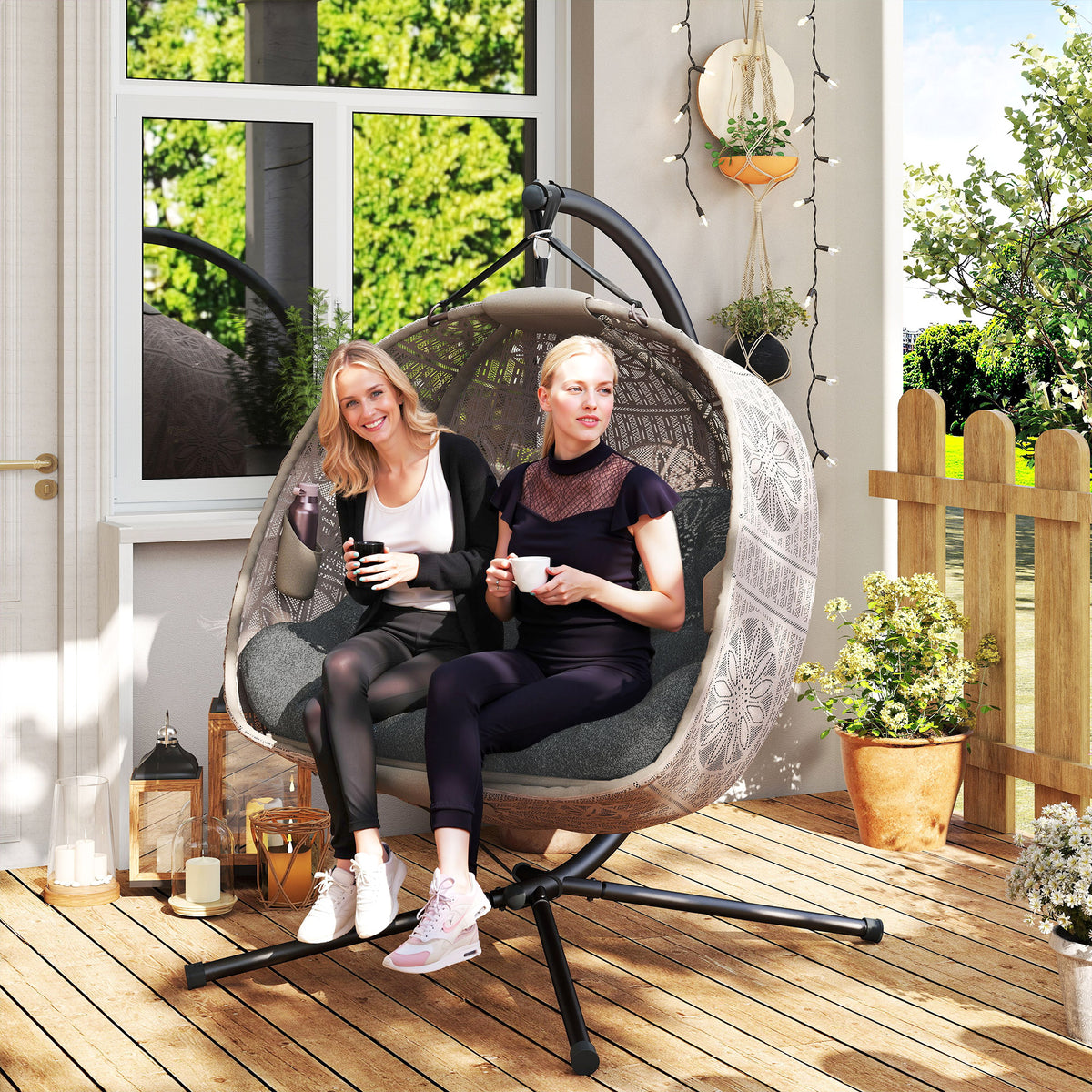 Hängesessel mit Gestell, Eiförmiger Hängeschaukel mit abnehmbarem waschbarem Kissen, Hängematte für 2 Personen, Schaukelsessel Indoor Outdoor, Sand+Schwarz